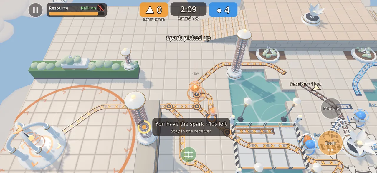 In-game screenshot on Coil Garden: the courier carries a spark; HUD reads “Spark picked up” and “You have the spark · 10s left — Stay in the receiver”; arrow “Receiver · 11 m”.