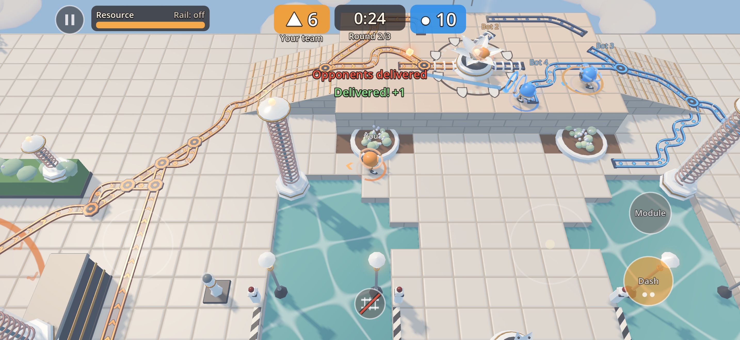 In-game screenshot: rail networks of both teams meet at the receiver