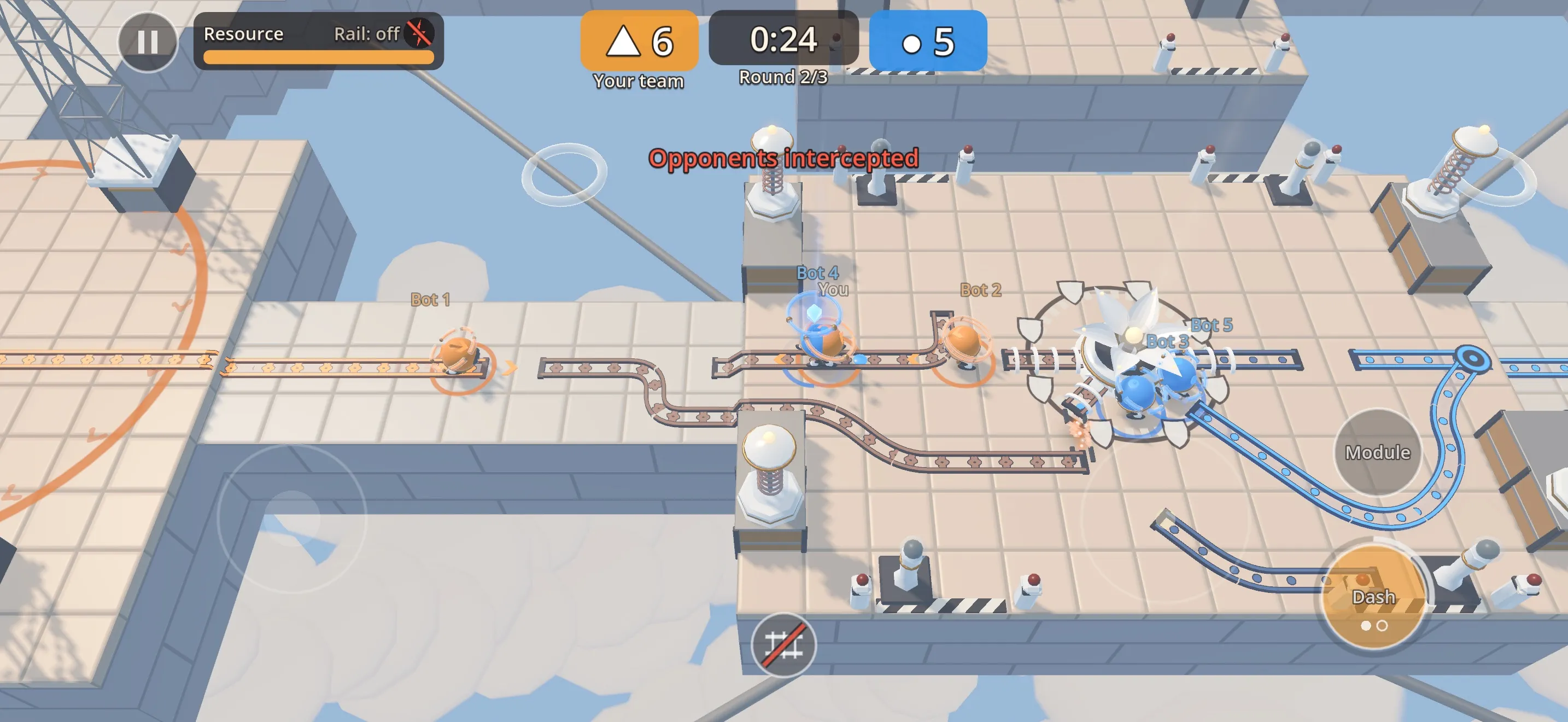 In-game screenshot of VELTRAIL on Cloud Wharf: couriers on paired rails, the score 6 to 5, and the Dash button with one filled and one empty dot.