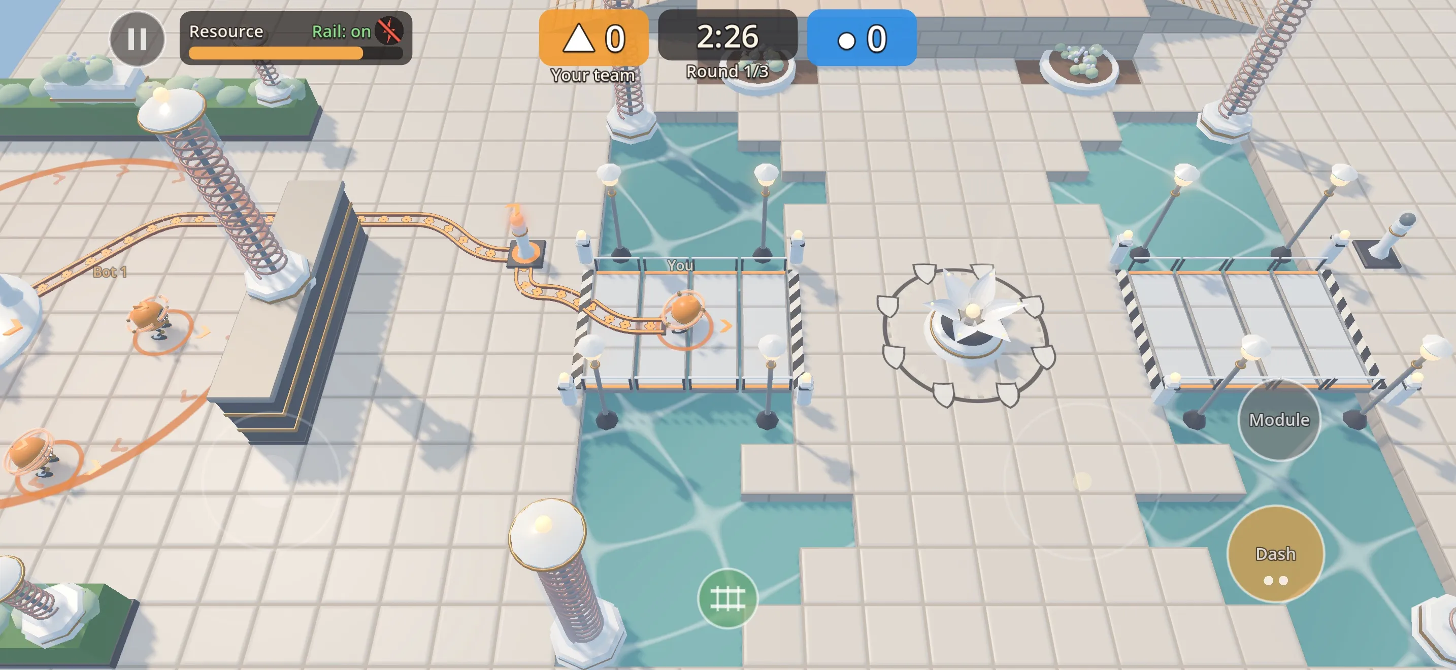 In-game screenshot of VELTRAIL on Coil Garden: an amber courier laying rail across a bridge between two ponds; the HUD shows Resource and “Rail: on”.