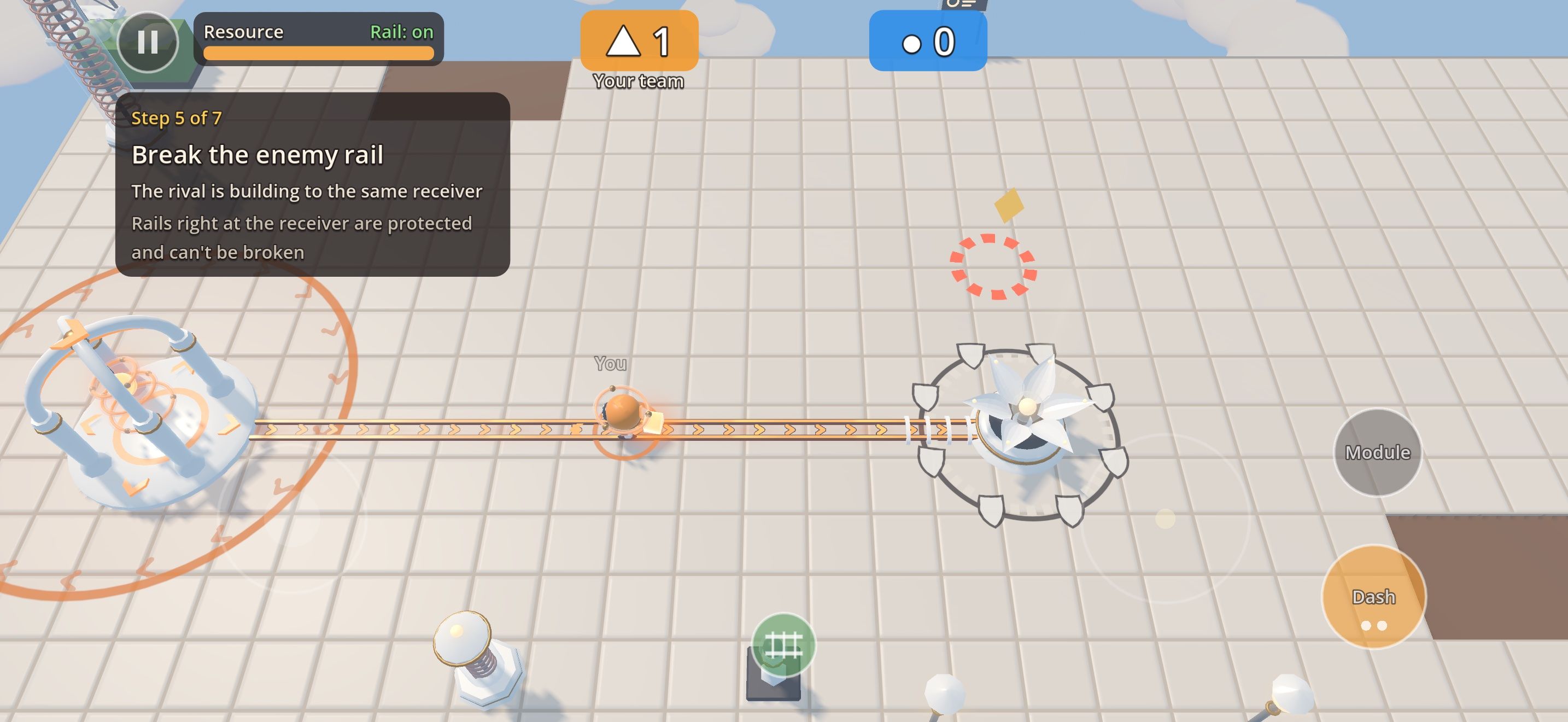 Tutorial card “Step 5 of 7 · Break the enemy rail” next to the guarded receiver.