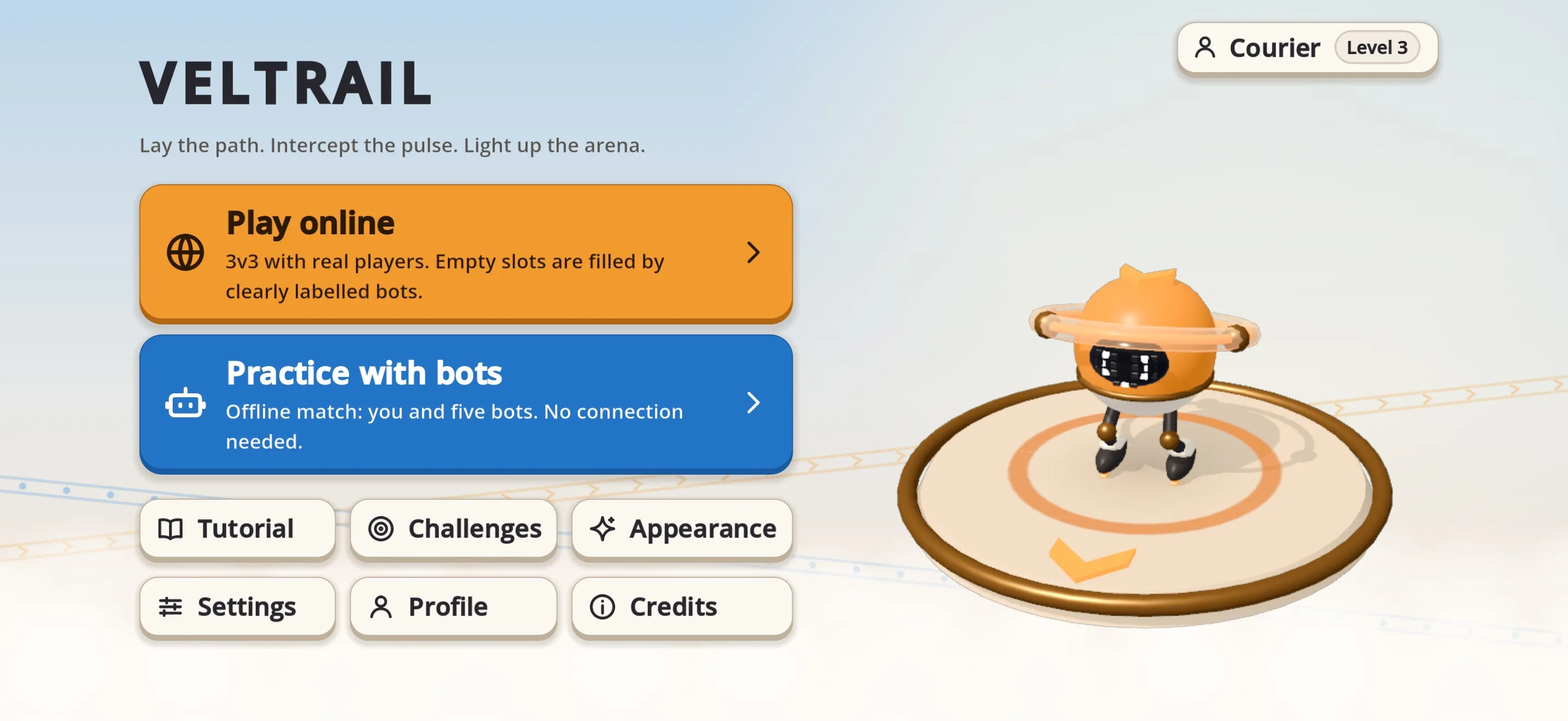 In-game screenshot of the VELTRAIL main menu: an orange courier with a ring on a round pedestal, and menu buttons Play online, Practice with bots, Tutorial, Challenges and Appearance.