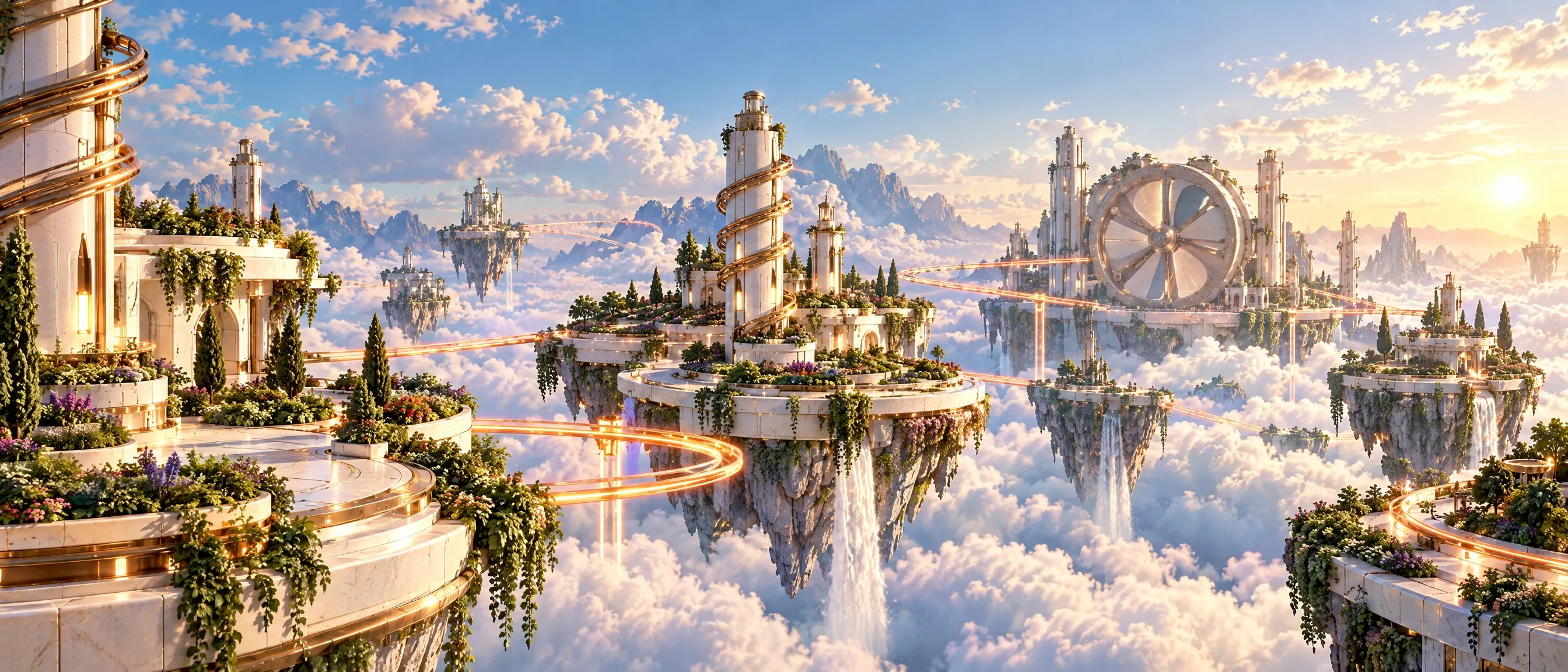 Концепт-арт «Садов катушек»: светлые парящие острова с садами, белые башни в латунных спиралях и большое колесо турбины над облаками.